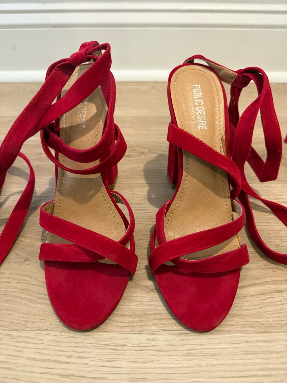 PUBLIC DESIRE Red Suede Wrap-Around Block Heel Sandals